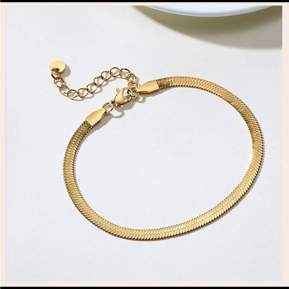 14k Gold Plated Snake Herringbone Chain Ankle Bracelet Anklet Waterproof - Picture 2 of 7